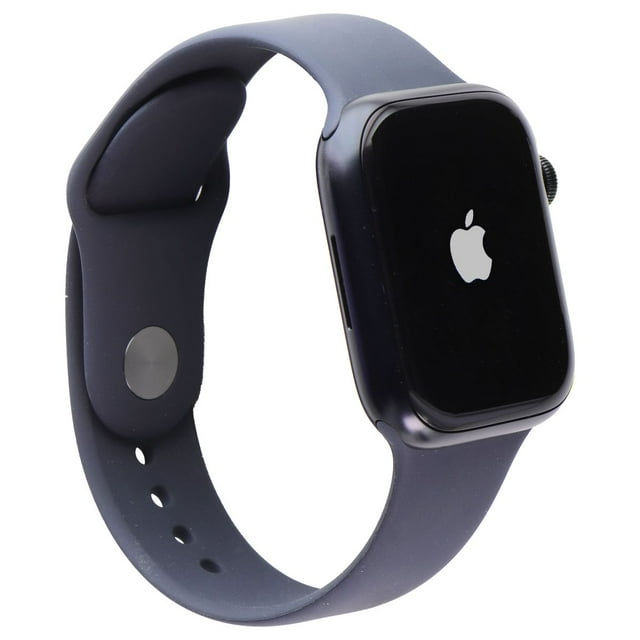 Apple Watch Series 7 (A2474) GPS Only - 45mm Midnight Aluminum case with Midnight Sport Band, shown at a side angle. A smartwatch featuring an Always-On Retina LTPO OLED display, water resistance up to 50 meters, and 32GB internal capacity. Used condition, ideal for wearable technology enthusiasts.