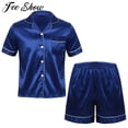 thumbnail image 2 of Summer Men Silky Satin Pajamas Set Short Sleeves Button Down Shirts Tops with Elastic Waist Shorts Male Sleepwear LoungewearXXL Gong Bohan LED, 2 of 2