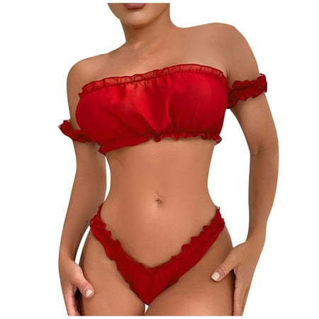 

XHJUN Lingerie for Women Plus Size Ruffle Trim Mesh Wireless Ruched Lingerie Set Bra and Panty Set Red S