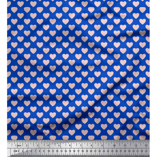 Soimoi Blue polyester Crepe Fabric Pink Heart Fabric Prints By Yard 52 Inch Wide