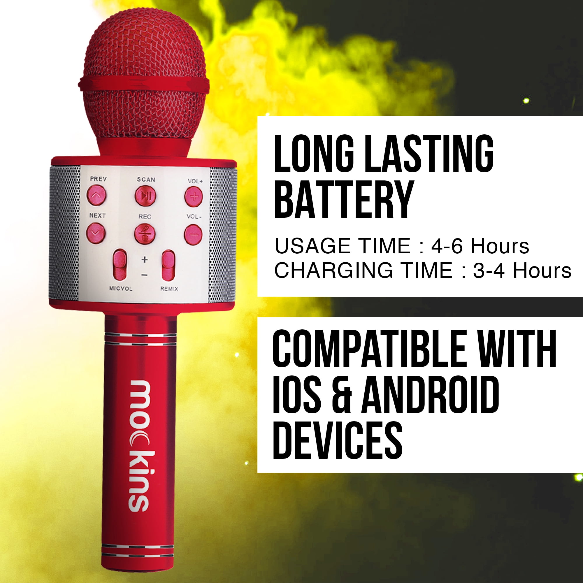 Mockins Red Bling Karaoke Microphone with LED Lights, Voice Changer & Wireless Bluetooth Speaker  - Carry Case