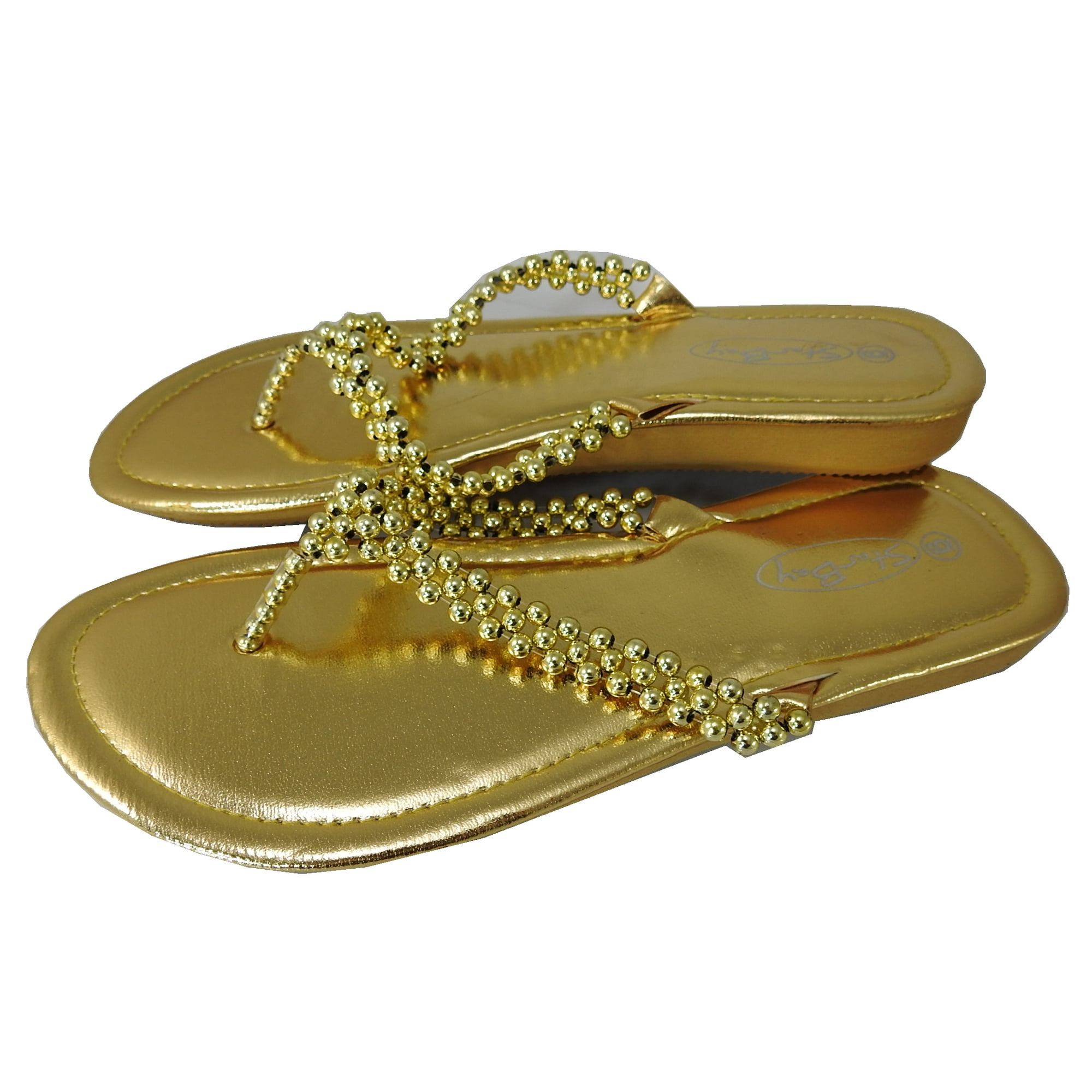 Women s Beaded Straps Vintage Flats Thong Flip Flop Sandals Gold