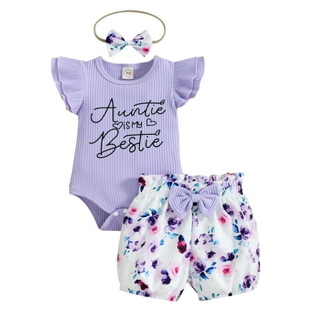 

Voguele Girls Romper Ruffled Summer Outfits Floral Print 3Pcs Outfit Suit Beach Shorts Tops + Headband Loose Bodysuit Purple 80