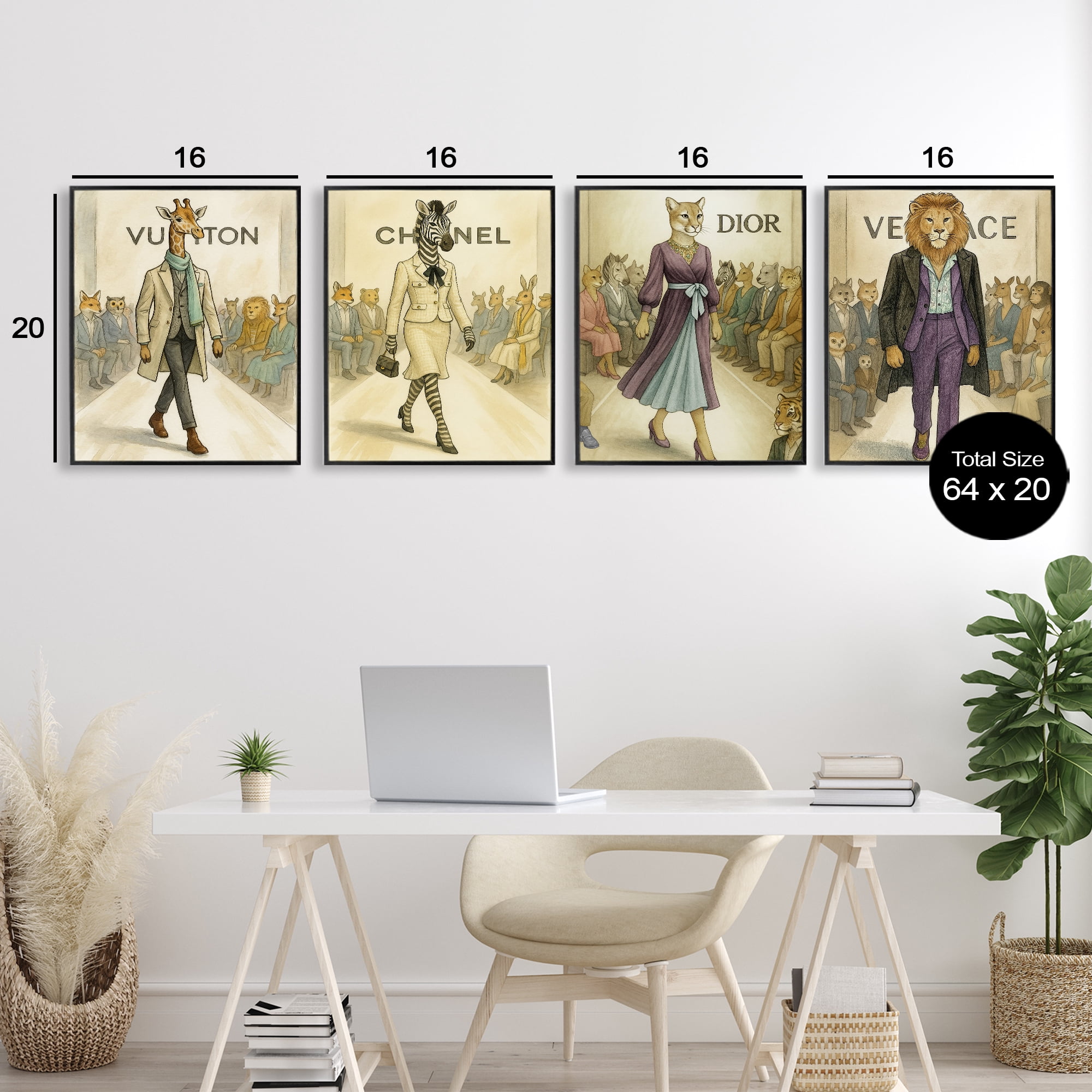 Stupell Industries Fashion Runway Animals 4 Piece Black Framed Giclee Art Set, design by Grotto Studios