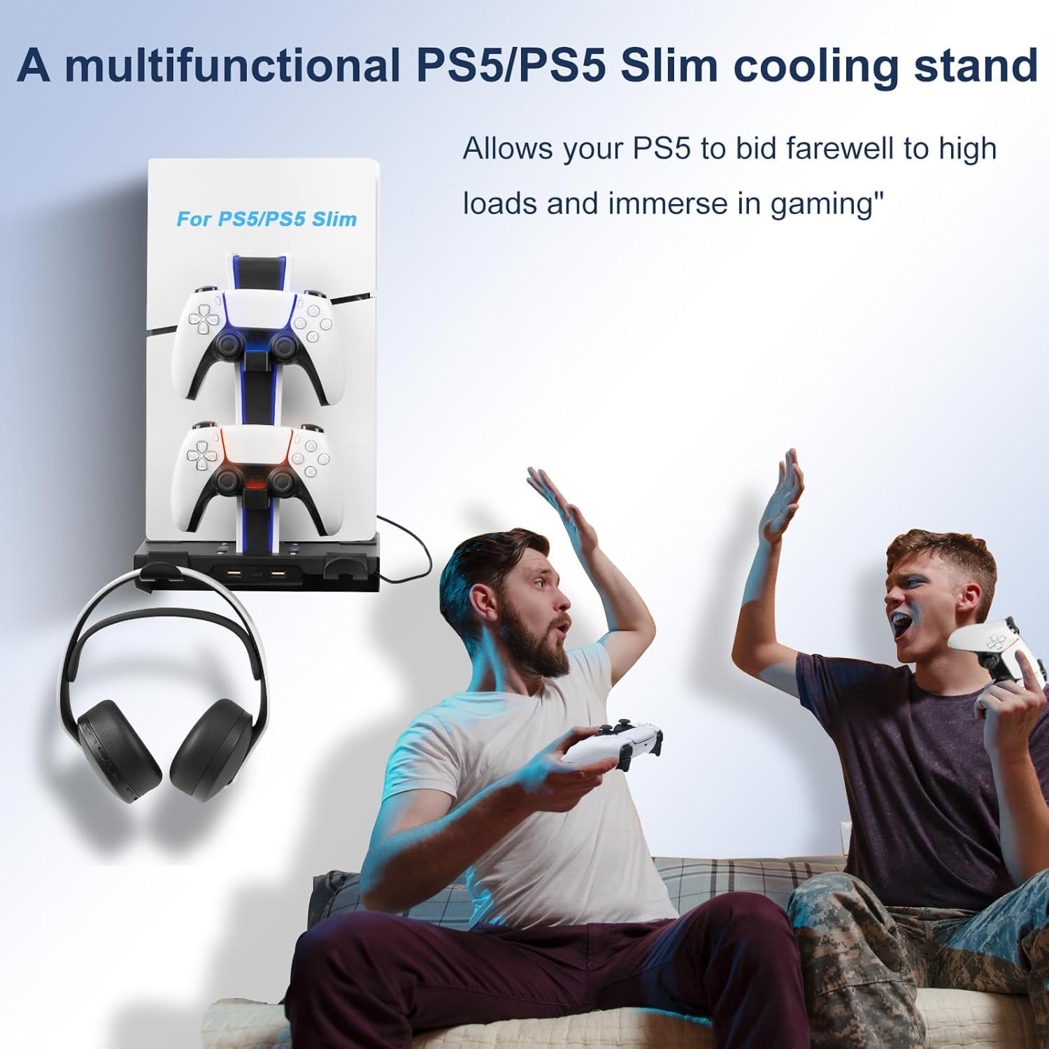 Wall Mount Kit for PS5/Slim with Charging Station and Cooling Fans, for PS5 Shelf Wall Mount Accessories, Steel Wall Stand with Dual Controller Charger, Headset Hanger for PS5  All Versions