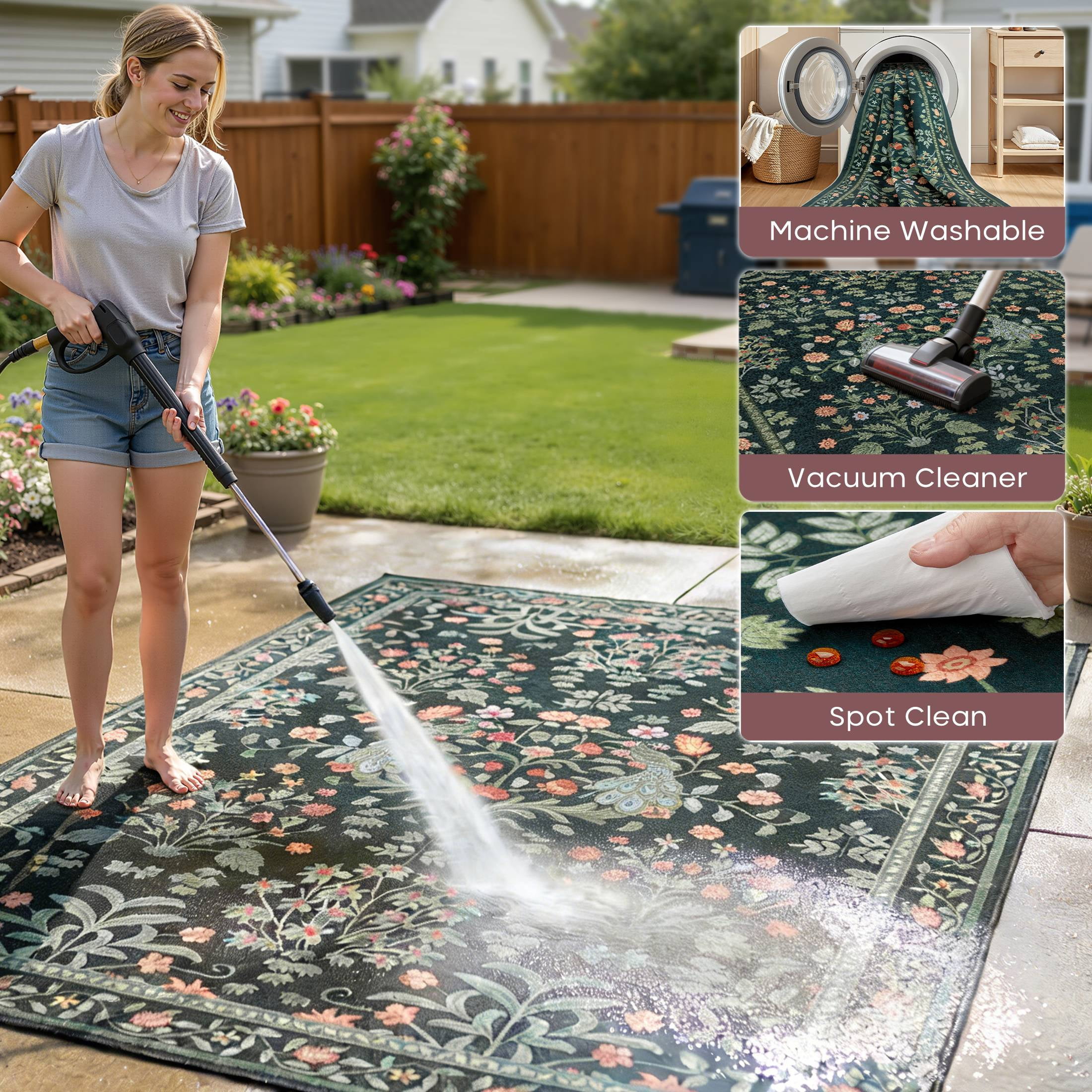 Micgeek Boho 9x12 Area Rugs for Living Room, Floral Non-Slip Washable Rug for Bedroom Home Decor Carpet, Farmhouse Dining Room Office Large Rugs, Dark Green