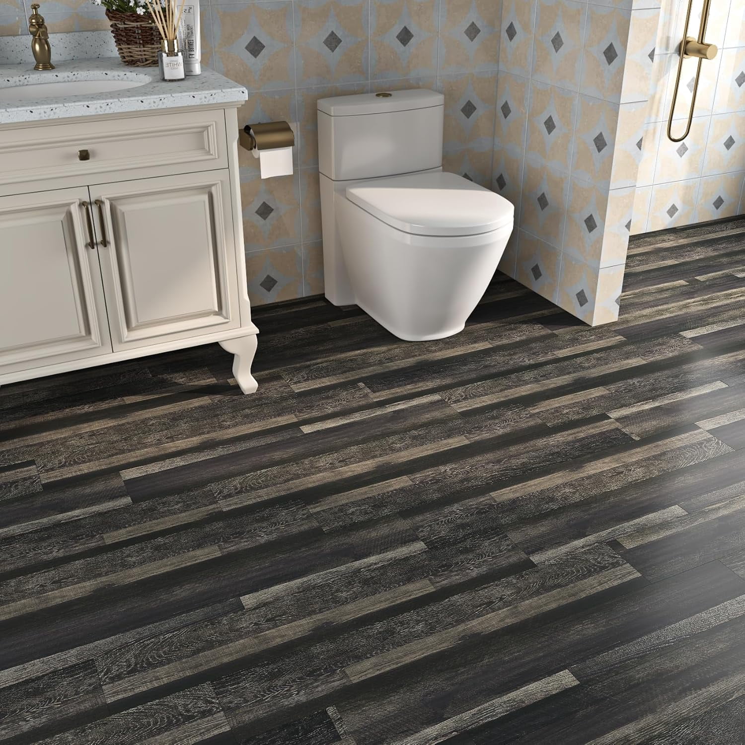 Retro Black Peel and Stick Floor Tile 12x12 4-Tiles Luxury Vinyl Plank Flooring Waterproof Kitchen Floor Tiles Self Adhesive Laminate Square Vinyl Sheet Flooring PVC Natural Black Walnut