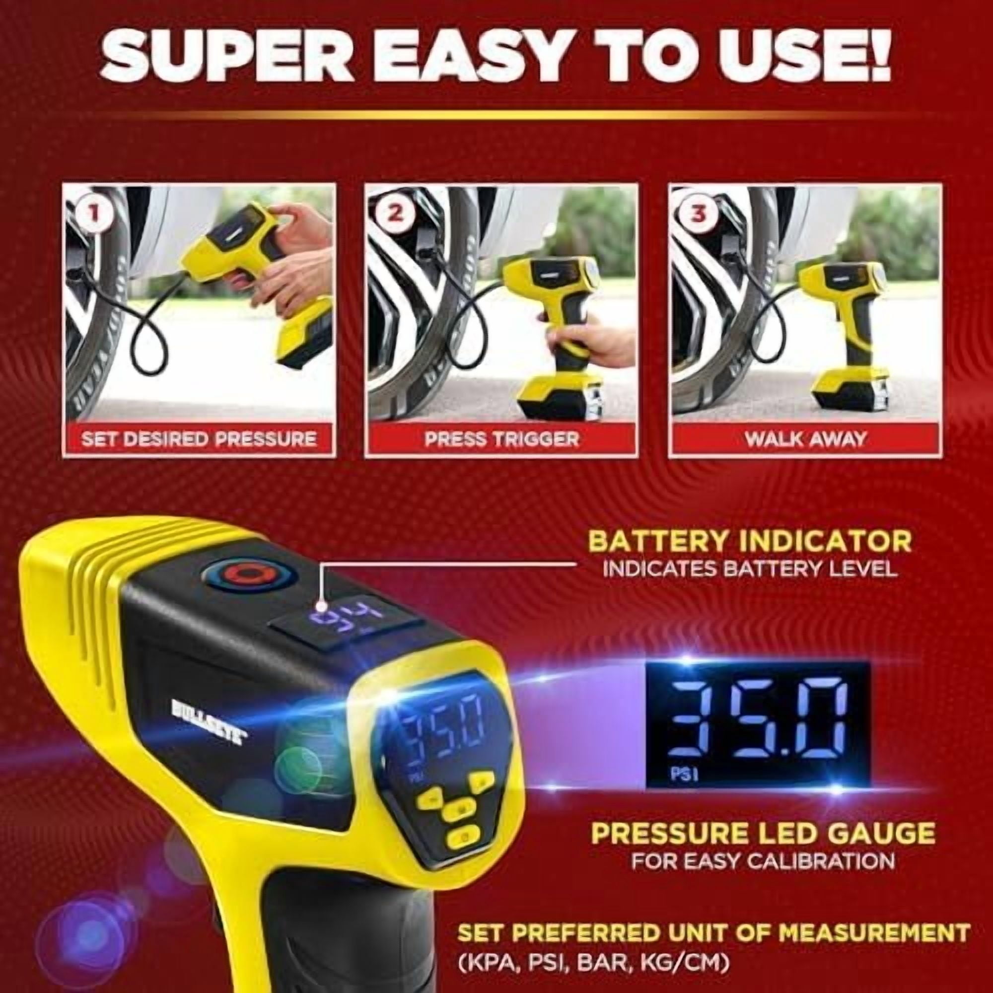 Bullseye Pro Tire Inflator with Pressure Gauge, Compact and Portable, Automatic Shut Off, 150 PSI Max, USB Home Rechargeable and Cord for Vehicular Use As Seen On TV, Yellow