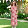 thumbnail image 4 of Uourmeti Girl Maxi Dress Pink Pig Strawberry Print Short Sleeve Crew Neck Dresses with Pockets for Girls Loose A-line Dress, Size 5-6 Years, 4 of 7