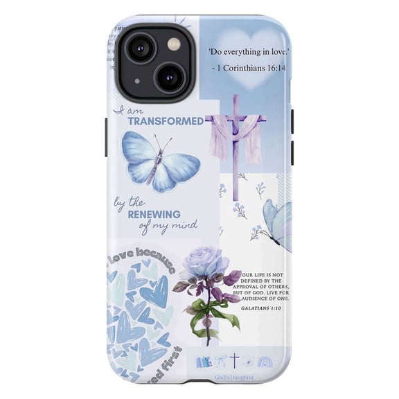 Blue Christian Faith Collage Phone Case, Bible Verse Butterfly Cross Aesthetic Cover for iPhone 17 16 15 14 13 12 11 Pro Plus Mini