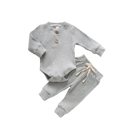 

AvoDovA Infant Baby Knit Outfits Suits Buttons Round Neck Long Sleeve Romper Top+Elastic Long Pant Autumn 2 Piece Set