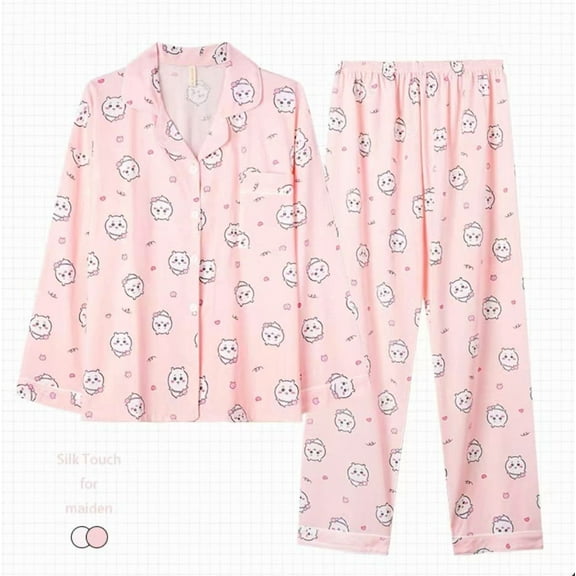 Kawaii Women Pajamas Suit Usagi Chiikawa Cotton Cartoon Hachiware Spring Casual Home Wear Anime Long-Sleeved Pants Nightclothes