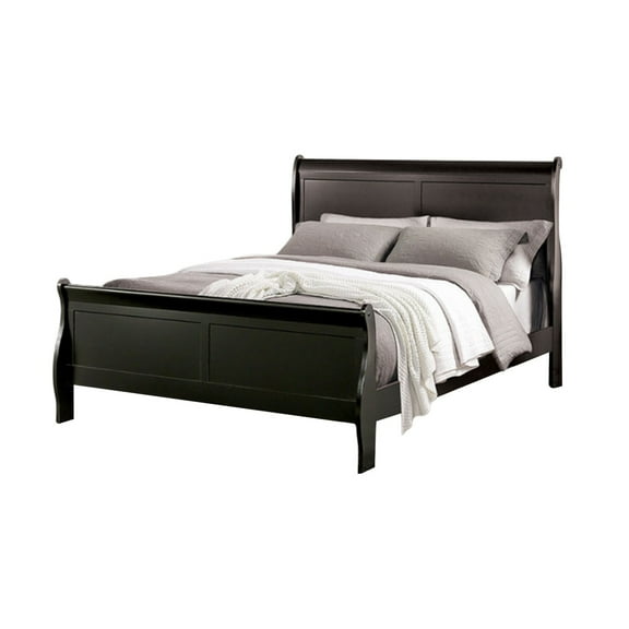 Benjara Ryla Queen Size Bed, Classic Sleigh Panel Headboard, Black Solid Wood