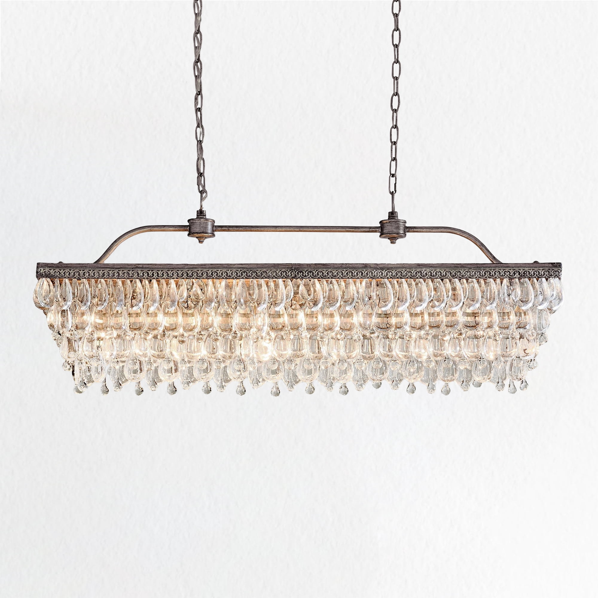 Vintage Rectangular 40 Inch Crystal Droplets Chandelier, Luxury Ceiling Lamp, Elegant Ceiling Light, Light Fixture over Kitchen Island, for Living Room, Dining Room