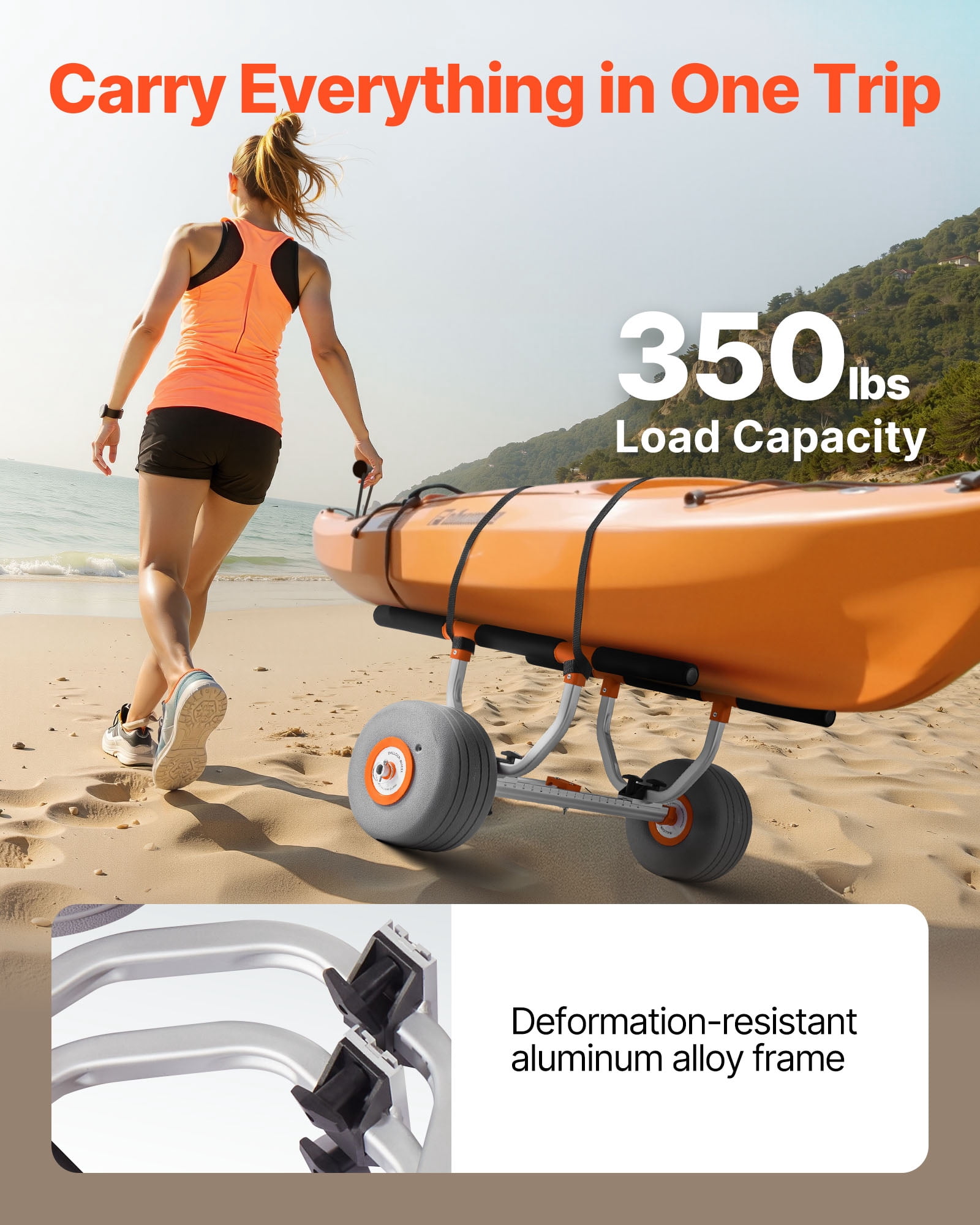 VEVOR Kayak Cart, 350 lbs Load Capacity, Kayak Trolley with 12-inch Inflatable PU Tires & 2 Straps, Assembles & Disassembles Within Seconds, Paddle Board Trolley for Carrying Kayaks and Canoes