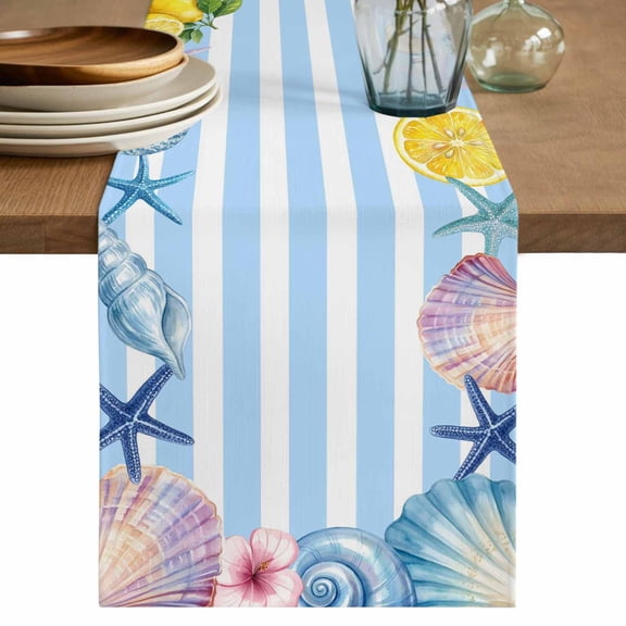 Summer Ocean Table Runner 60 Inches, Sea Starfish Shell Flowers Lemon Blue Stripes Bed Runner Dresser Scarves Tabletop for Indoor Outdoor Parties/Ceremony/Banquet, 13" x 60"
