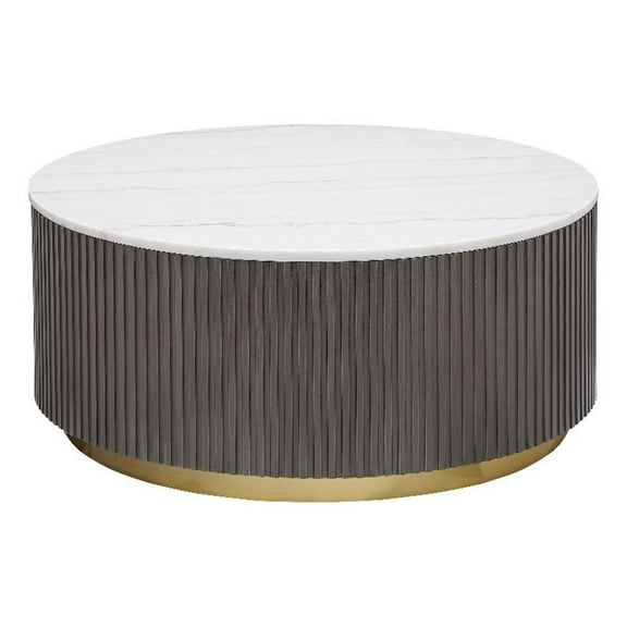 Maklaine Round Marble Top Coffee Table in White and Charcoal