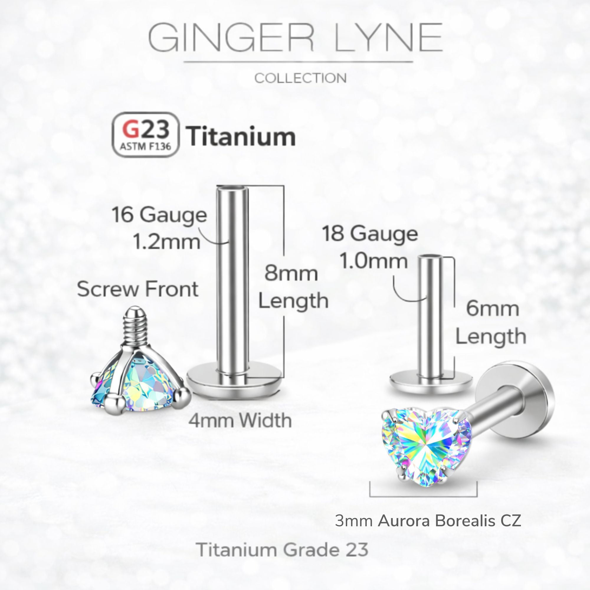 Small Heart CZ Solitaire Flat Back Stud Earrings Titanium Body Piercings by Ginger Lyne 2 Sets Post 6mm 8mm