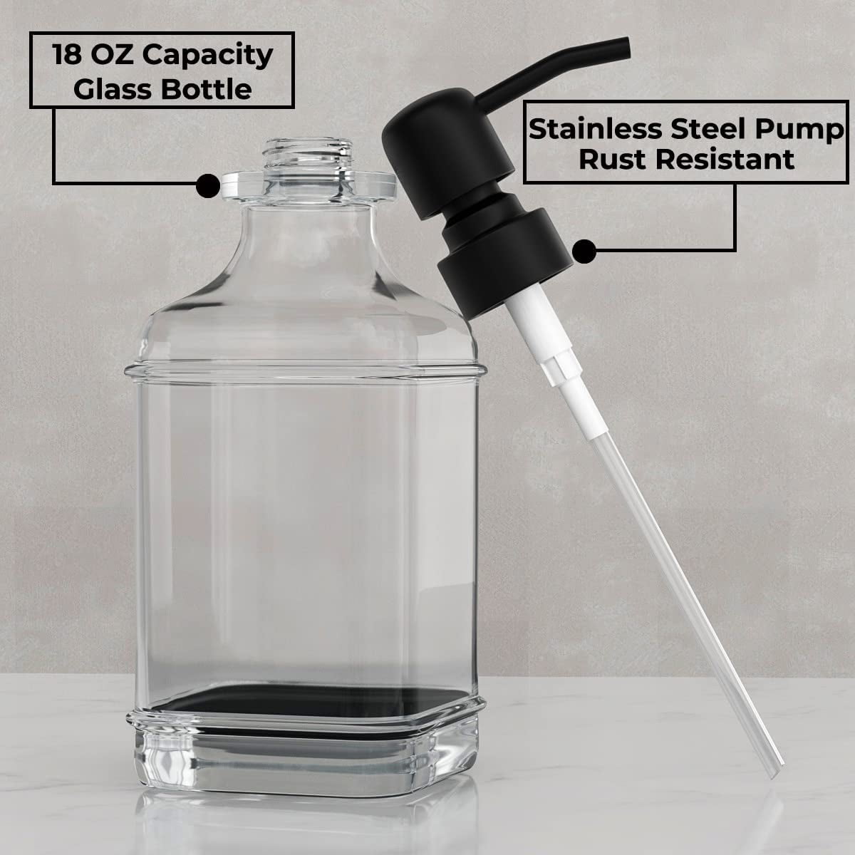 2 Pack Soap Dispenser, 18 Oz Antique Design Thick Glass Hand Dispensers; with 304 Rust Proof Stainless Steel Pump, 6Pcs Clear Stickers, for Kitchen, Bathroom- Black