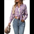 thumbnail image 3 of Camisa Abotonada para Mujer, Camisa A Cuadros, Larga, Solapa, Informal, para Negocios, Trabajo Púrpura L, 3 of 10