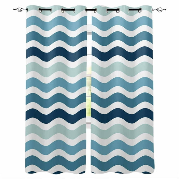 Fsddascl Teal Blue Stripes Ombre Blackout Curtains for Bedroom/Living Room, Thermal Insulated Kitchen Curtains, Gradient White Geometric Ocean Wave Grommet Darkening Window Treatment 52"x84"x2