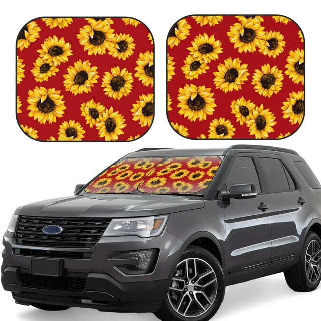 Bingfone Sunflowers On Red Windshield Sun Shade 2-Piece Foldable Car Front Window Sunshade for Most Sedans SUV Truck-Small