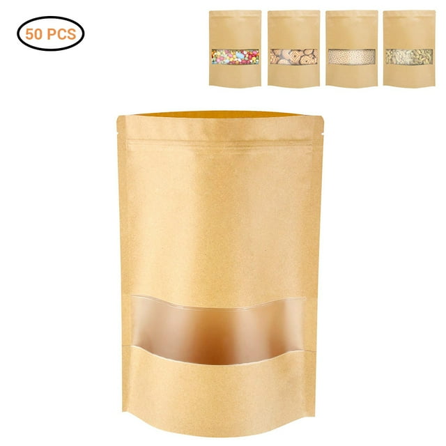 50 Bolsas De Papel Kraft Con Ventana Mate, Bolsas Resellables Con Cierre De Cremallera Para Almacenamiento De Alimentos Para Nueces, Galletas, Granos De Café