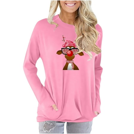 

black corset tops for women Plus Size Tops for Women Casual Round Neck Loose Pocket Long Sleeve Blouses With Fashion Printed Comfortable Ladies (X-Large PinkA1)