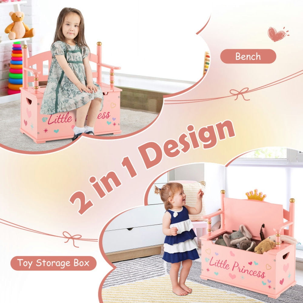 Resenkos 2-In-1 Kids Princess Wooden Toy Box with Safe Hinged Lid-Pink, Kids Toy Storage for Kids, Boys, Girls, Nursery