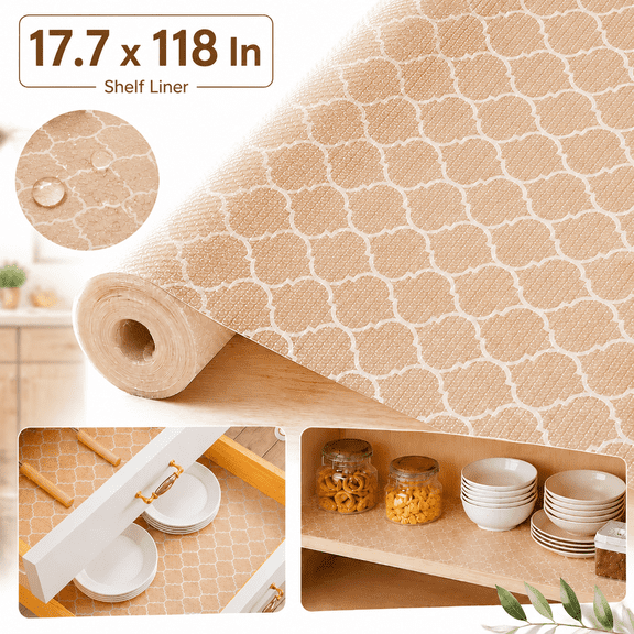 Genreen 11.8 x 118.1 in Shelf Liner Non Adhesive Shelf Liners for Kitchen Cabinets , Waterproof Shelf Paper – Durable EVA Cabinet Liners