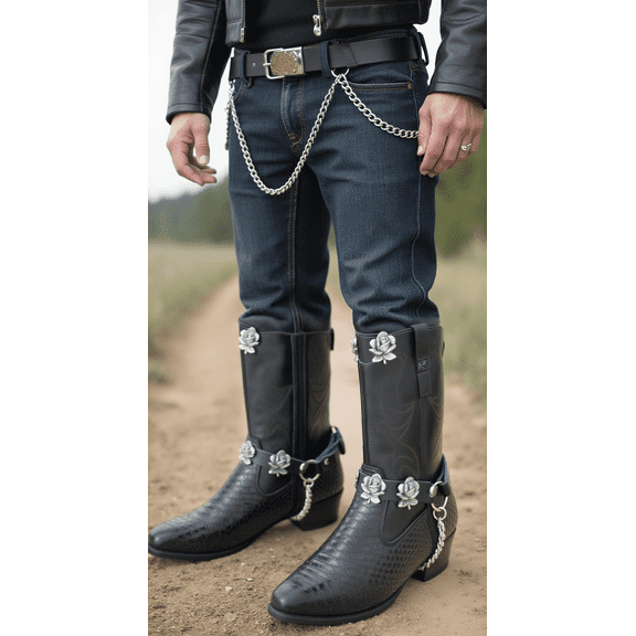 Biker Boot Bracelets Pair for Men and Women – Black Faux Leather Straps   Silver Metal Rose Flower Charms Chain Links – 2 PCS Adjustable Size 12"-16"