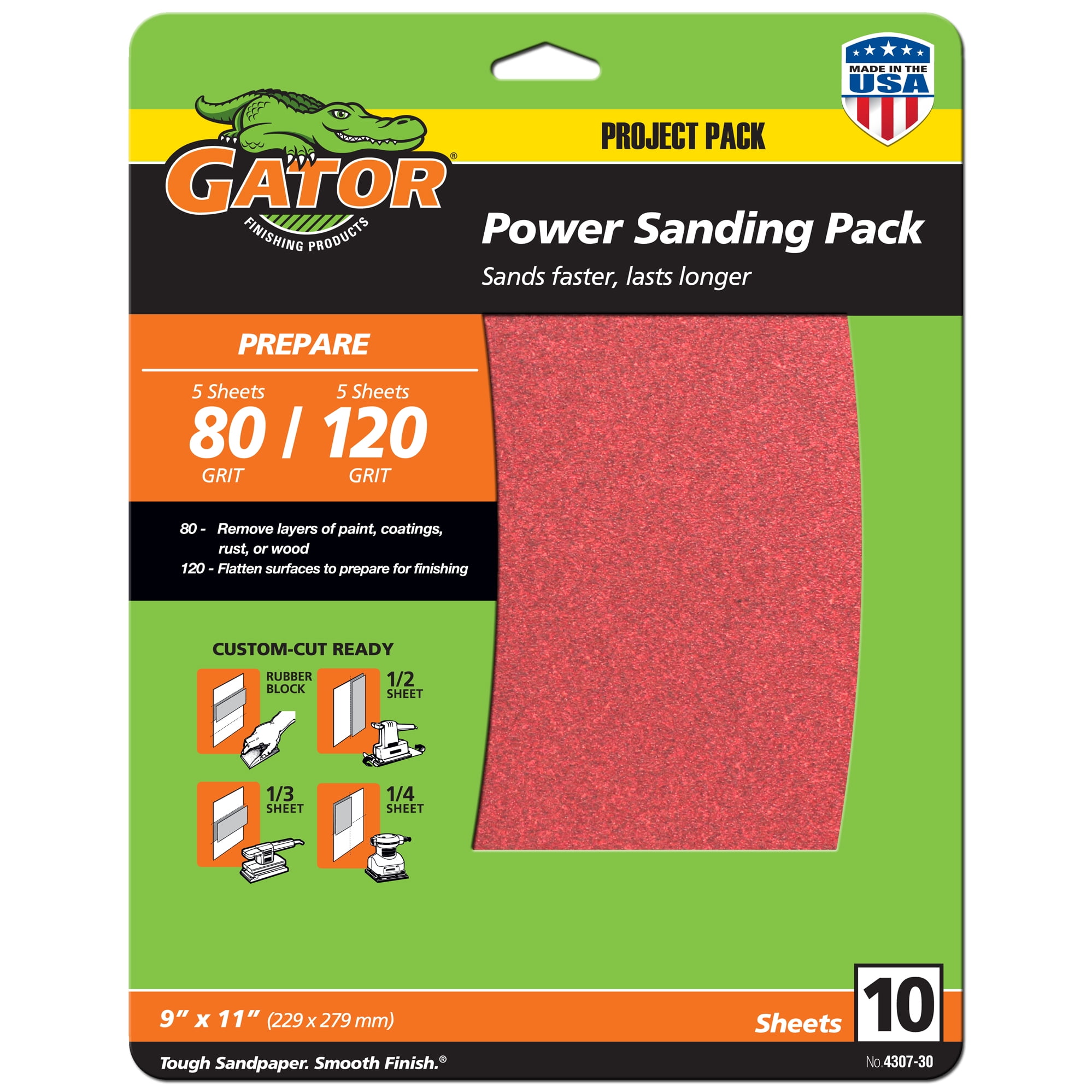 Gator Drywall Sandpaper Hook & Loop Silica Cut 80 Grit 6 Sheets 4 1/2 X 10 1/2 