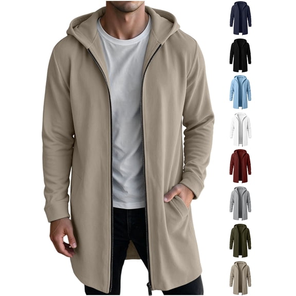 Xaqiouau Men's Hooded Full Zip Longline Sweatshirt Jacket Solid Color Casual Coat with Pockets Drawstring Winter Everyday Outerwear Khaki XXXL