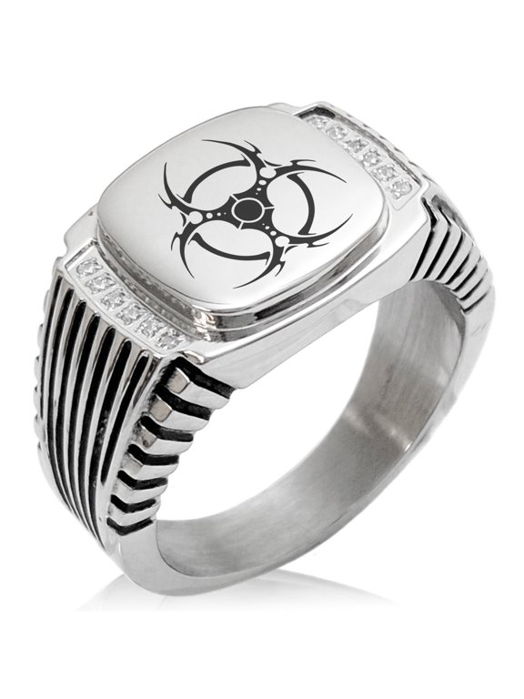 Stainless Steel Tribal Barbed Wire Biohazard CZ Ribbed Needle Stripe Pattern Biker Style Polished Ring