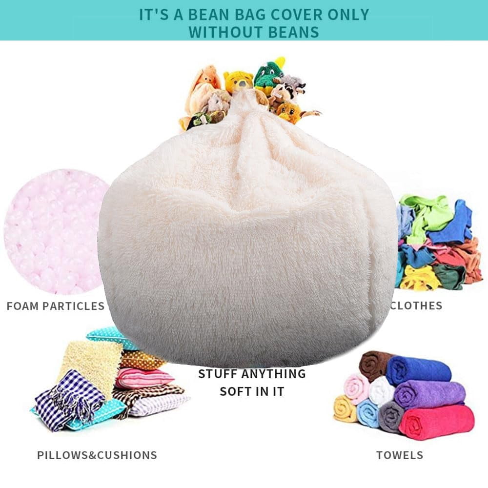 Fluffy Stuffed Animal Storage Bean Bag Chair Cover (no Filler)  Faux Comfy For Organizing Plush Toys Or Textile Adults Teens Beige