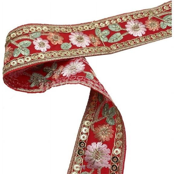 10 Yards 1.5 Inch Red Embroidered Woven Ribbon Trim Jacquard Ribbon 3D Flower Embroidery Tape Boho Floral Fabric Sewing Ribbons for Sewing Making Craft Gift Diy Christmas Embellishment Decor DIY