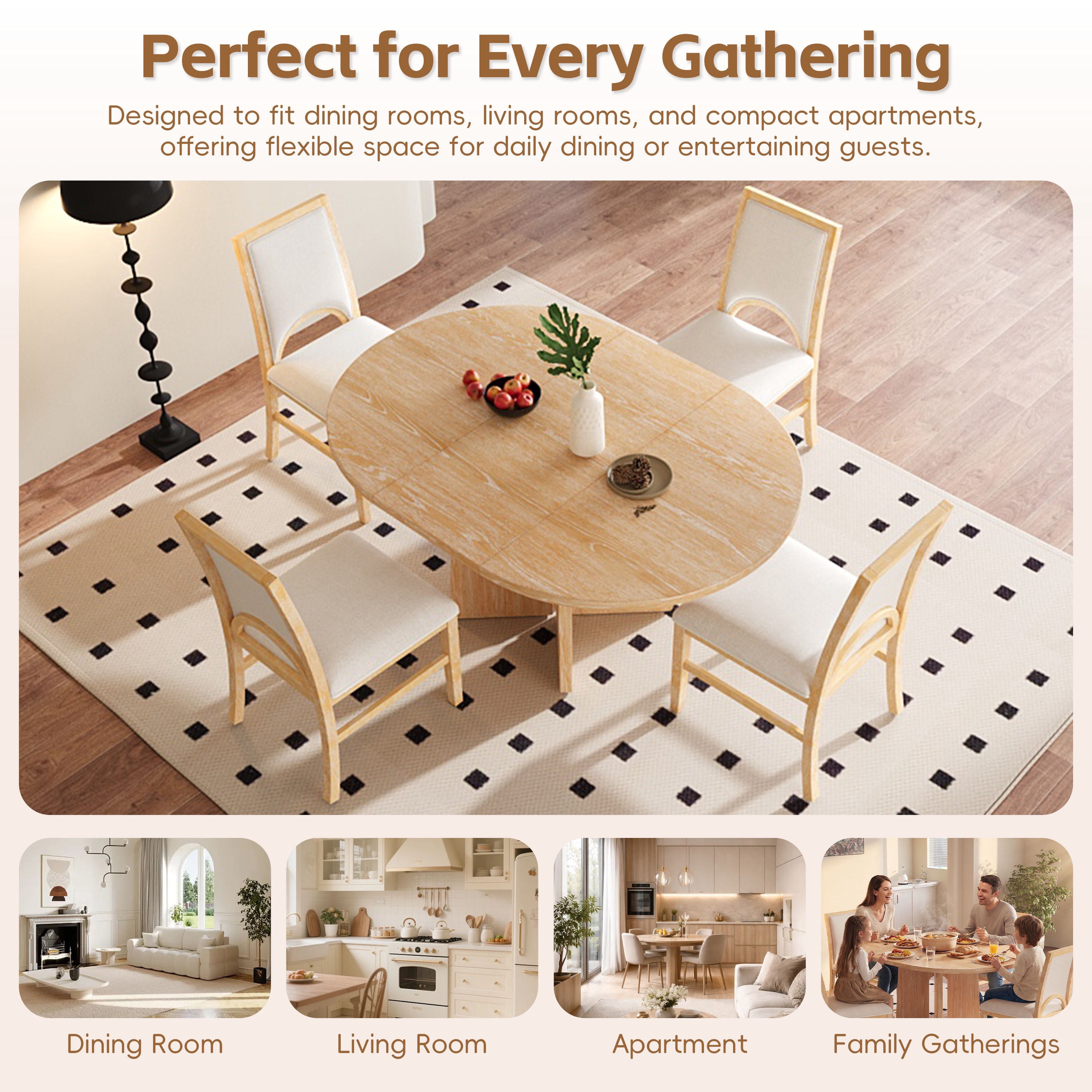 Euroco 5 Piece Wood Round Dining Table Set for 4, 41.3"-57.3" Extendable Kitchen Table Set with 4 Upholstered Chairs & Removable Leaf for Kitchen,Dining Room,Natural