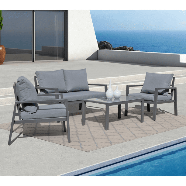 Soleil Jardin 4 Piece Aluminum Patio Furniture Outdoor Conversation Sofa Set With Removable Cushions Tempered Glass Top Coffee Table White Finish Dark Grey Cushion Com Soleil Jardin 4 Piece Aluminum Patio, Soleil Patio Furniture