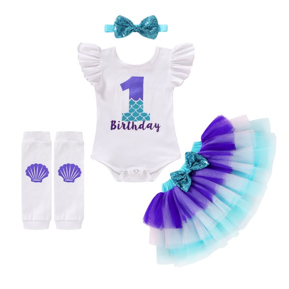 Younger Tree Baby Girls One 1st Birthday Outfit Mermaid Romper Tutu Dress Sequin Bowknot Leggings Princess Skirt Clothes Set,Size 6-24 Months