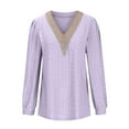 thumbnail image 6 of Womens Casual V Neck Puff Sleeve Tops Lace Patchwork Breathable Soft Comfy Long Sleeve Pullover Loose Mesh Shirt, 6 of 6