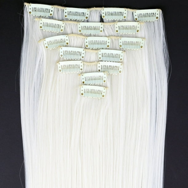 Extensiones de cabello rubio platino 24 ""/60 cm 130 g 7 unids/set mujeres pelo sintético largo y recto cabeza completa clip en extensiones de cabello piezas (60 # rubio platino)