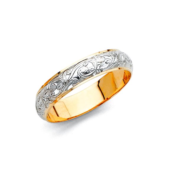 14k Yellow Gold and White Gold 4mm Engrave Domed Wedding Band Ring Size 7 Wedding Band for Women and Men