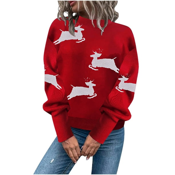 Suéter de cuello redondo de moda para mujer, suéter navideño de manga larga, suéter informal de cuello redondo, suéter para mujer