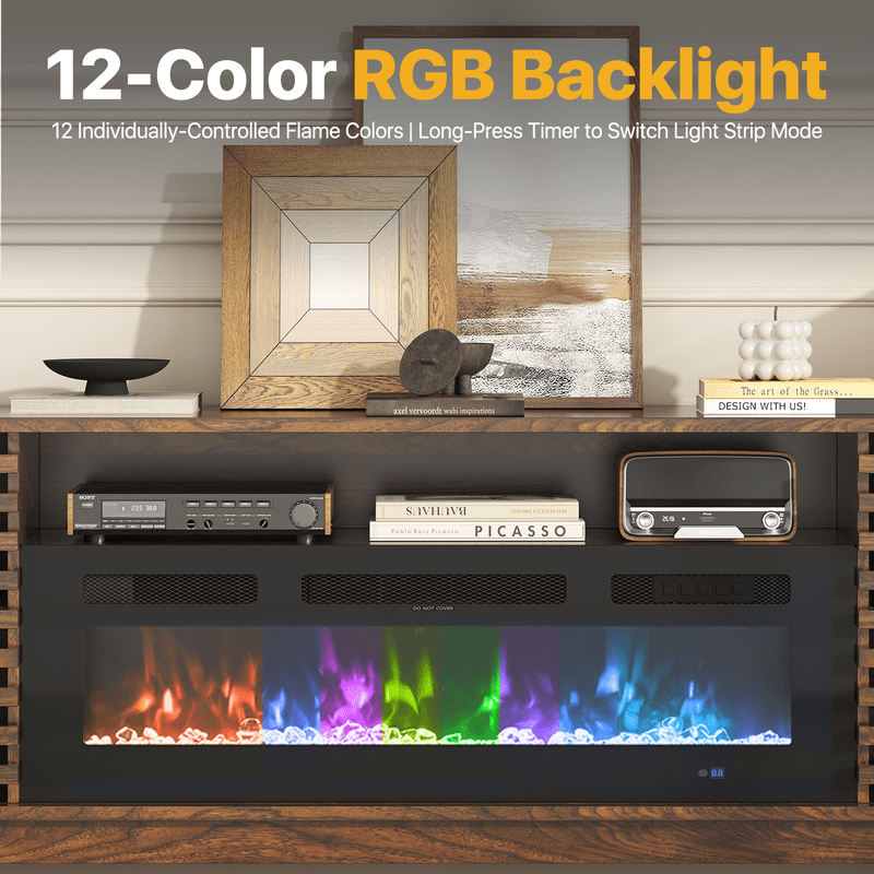 BaPiPro Mid‑Century Modern Fireplace TV Stand with 36 Inch Electric Fireplace 12‑Color RGB LED Lights Fits TVs up to 80 Inch Wood Media Console with Slatted Sliding Doors for Living Room Brown