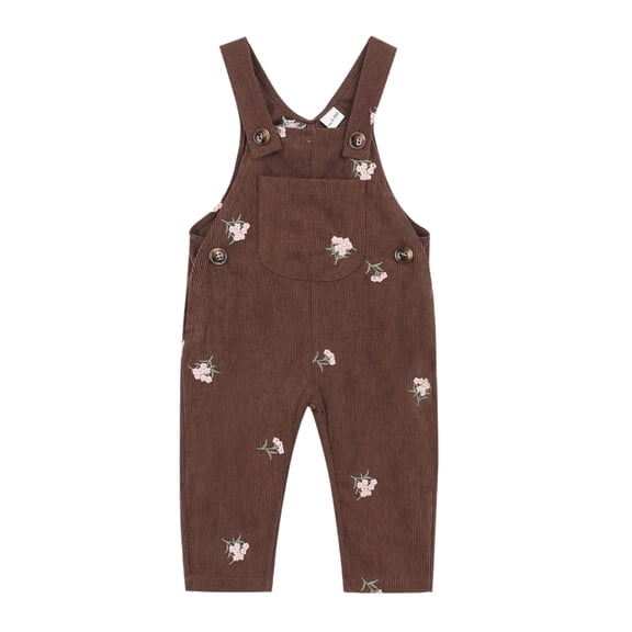 Baby Girl Corduroy Overalls with Flower Embroidery,Brown,6M–3T