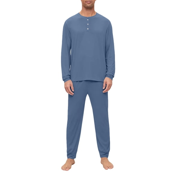 Dwelliawo Mens Pajamas Sets Long Sleeve Shirts And Casual Pants Lightweight Soft Comfort Sleepwear Pjs Plus Size Loungewear Blue XL