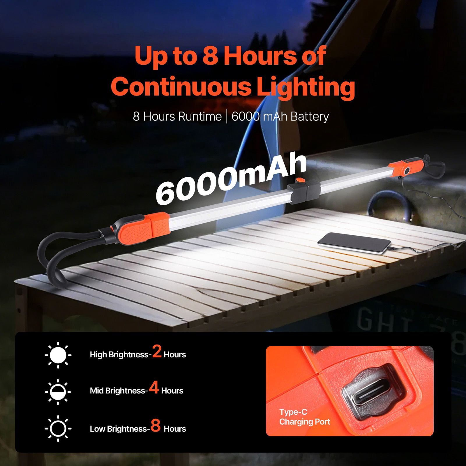Under Hood Work Light 2300LM Retractable 51-74 Inch 6000mAh Battery 3 Brightness Levels for Car Repair Camping