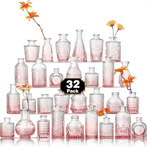 Pink Vases in Bulk Bud Vase for Flower Small Glass Vases for Wedding Centerpieces, Vintage Cute Mini Flower Vase, Home Table Flower Dr