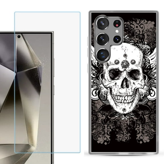 For Samsung Galaxy S25 Ultra 5G Phone Case Cover with Tempered Glass Screen Protector, by OneToughShield - Grunge Skull