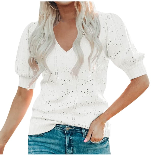 Suéter de manga corta con cuello en V y media manga para mujer Fridja ghk6545